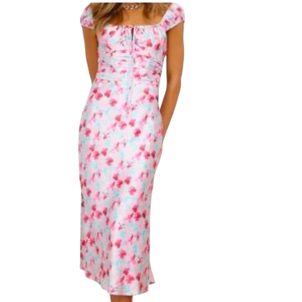 WHO I AM Pink‎ Blue Floral Satin Ruched Milkmaid Midi Dress Size 8